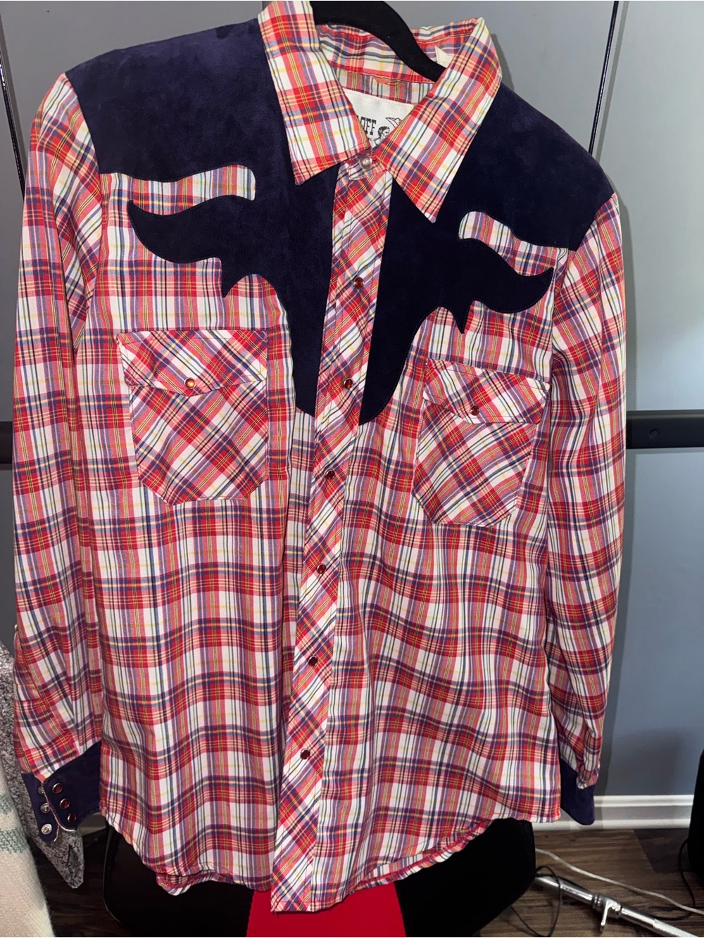 Vintage Men's Red Plaid Western Shirt with Navy Yoke